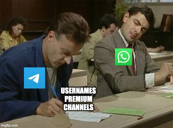 A 'Good Will Hunting' meme showing one student copying from another, with Telegram and WhatsApp icons labeled 'USERNAMES' and 'PREMIUM CHANNELS' representing the cheater's premium messaging apps.