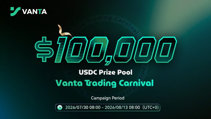 A promotional banner for the "Vanta Trading Carnival" advertising a $100,000 USDC prize pool during a campaign period running from 2026/07/30 to 2026/08/13 (UTC+0). The image ties into the post's urgency about having "2 DAYS LEFT" to compete for the prize pool before the trading competition ends.
