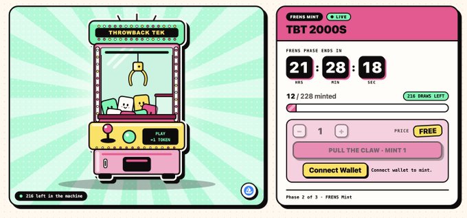Screenshot of a claw machine game called 'THROWBACK TEK' featuring a 'TBT 2000S' PRENS mint with 228 remaining and 216 drags left, showing a timer of 21:28:18 and a 'Connect Wallet' button for minting.