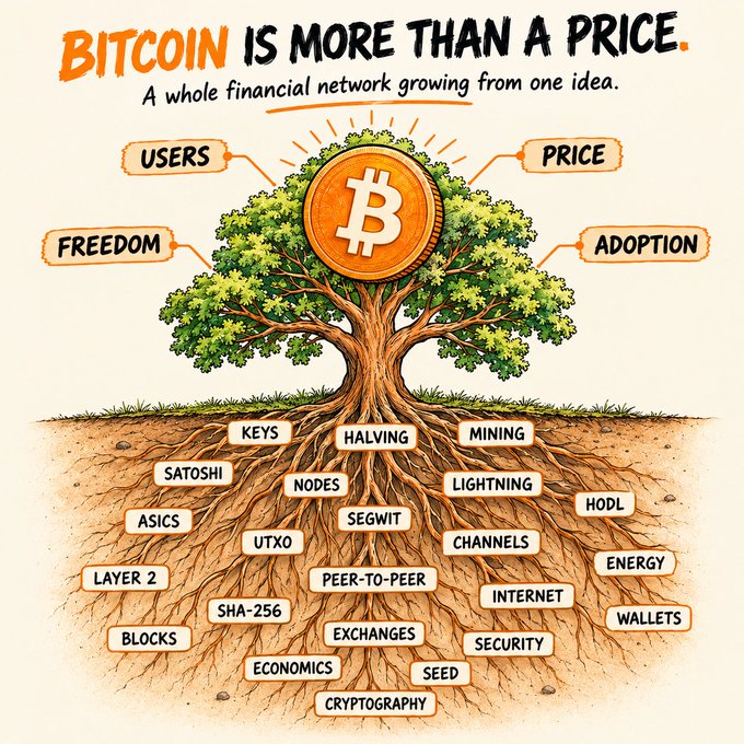 An illustrated infographic titled "BITCOIN IS MORE THAN A PRICE" depicts a tree with the Bitcoin logo as its fruit, showing concepts like Users, Price, Freedom, Adoption as branches and Keys, Halving, Mining, Nodes, Lightning, and Wallets as roots.