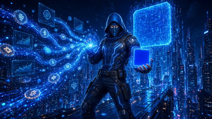 A digital artwork of a futuristic masked and hooded figure in dark armor standing on a city rooftop at night, manipulating glowing blue streams of data, financial icons, and holographic cubes.