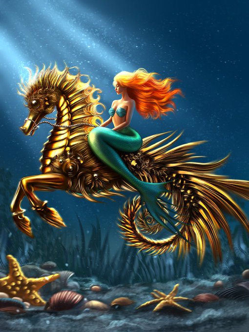 A fantasy digital painting of a red-haired mermaid riding a golden, ornate seahorse through an underwater seascape.