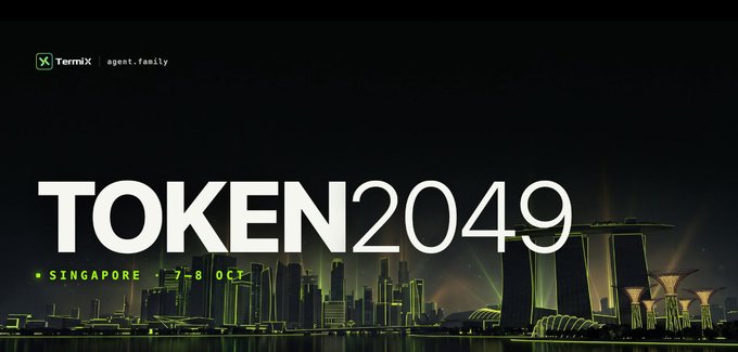A promotional banner for 'TOKEN2049 SINGAPORE 7-8 OCT' featuring the Singapore skyline at night, with 'TermiX agent.family' branding visible in the top left corner.