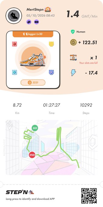 A STEP'N app activity summary screenshot showing user "MertStepn" with metrics including 1.4 GMT/Min, +122.51 GMT earned, 8.72 km distance, 01:27:27 time, 10292 steps, and an NFT sneaker illustration.
