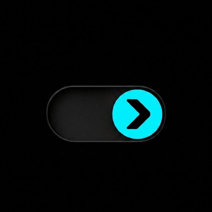 A dark interface featuring a toggle switch with the right side highlighted in cyan, displaying a black right-pointing chevron arrow.