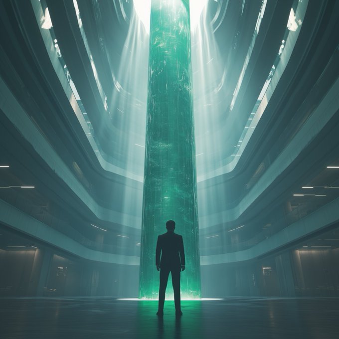 A silhouette of a person standing in a large futuristic room, facing a towering, glowing green column of energy that reaches up toward the ceiling.