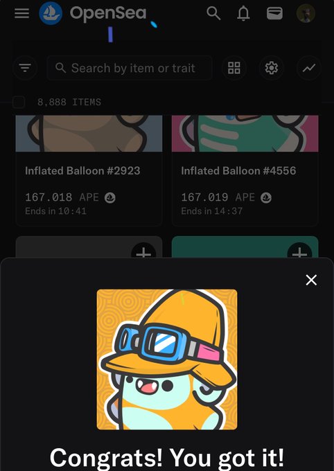 An OpenSea NFT marketplace screenshot showing a congratulatory pop-up reading 'Congrats! You got it!' with a cartoon character icon.