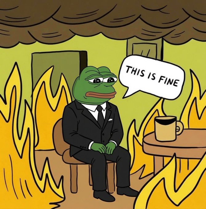 The image features a cartoon frog wearing a suit, sitting at a table with a cup of coffee next to him. Above them, there are flames that appear to be burning down a house or building. The caption below the illustration reads "$Pepe always wins. This is fine."