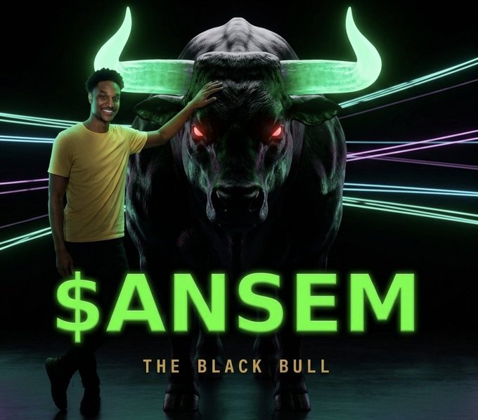 Promotional image titled "$ANSEM - THE BLACK BULL" showing a man in a yellow shirt patting a glowing-eyed bull against a neon-lit background.