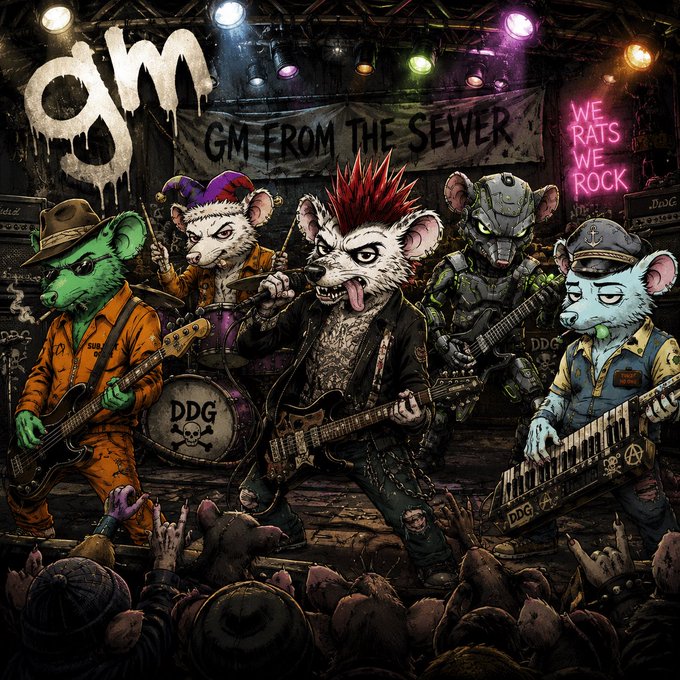 An illustration of a punk rock band called 'DDG' performing on stage with a banner reading 'GM FROM THE SEWER' and a neon sign saying 'WE RATS WE ROCK', featuring anthropomorphic rats playing instruments.