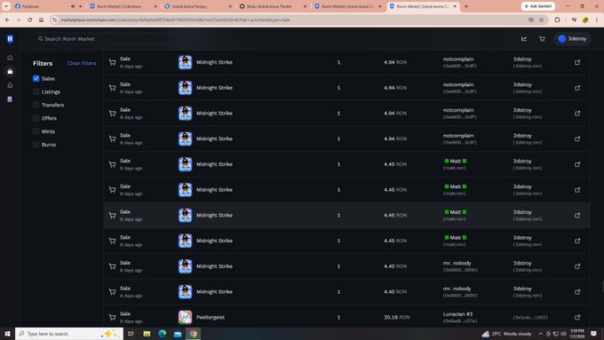 A screenshot of a Ronin blockchain marketplace showing multiple Midnight Stroke NFT listings priced around 4.94-4.45 RON, along with other collections like Peetergeist and Lunacian #5.