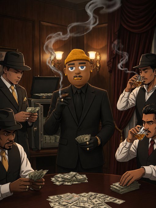 An animated cartoon scene depicting mobsters in suits and fedoras around a table covered in cash, with a central character wearing a yellow beanie smoking, set in a wood-paneled room with red curtains.