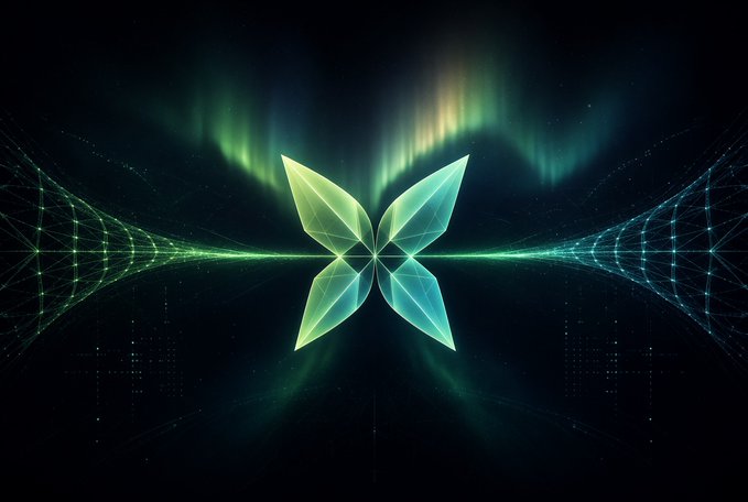 An abstract digital image featuring a glowing geometric butterfly shape in green against a dark background.