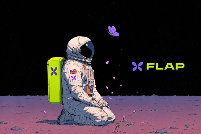 The image features a man dressed as an astronaut, kneeling down with his hands together, surrounded by purple butterflies flying around him. The scene appears to be set against a black background, which contrasts with the vibrant colors of the butterflies and the man's suit. The caption below the image reads "FLAP" in green letters, indicating that this is likely part of an advertisement or promotional material for a product or service related to space exploration or astronautics.

The post seems to be promoting a product or service, as it features a man dressed like an astronaut and surrounded by butterflies, which could be interpreted as a creative way to capture the attention of potential customers. The image is likely designed to evoke feelings of wonder, adventure, and curiosity about space exploration, encouraging viewers to learn more about the topic or consider supporting related initiatives.