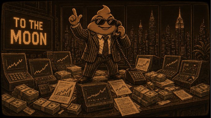 A retro-style illustration of a cartoon poop emoji wearing a suit and sunglasses, standing among stacks of money, charts, and phones, with a sign reading "TO THE MOON" and a city skyline in the background.