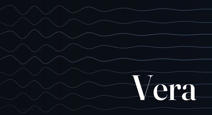 The image features a stylized graphic with flowing wave-like lines on a dark background, overlaid with the word "Vera" in elegant white serif font, serving as a branded teaser for the launch of the Vera Trader platform that connects news headlines to Polymarket prediction markets.