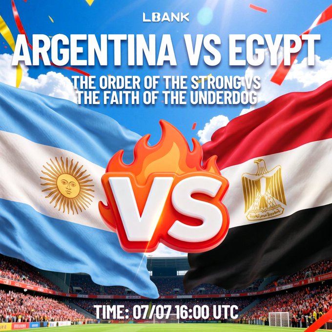 A vibrant promotional graphic for an Argentina vs Egypt match displays both national flags, a flaming "VS" emblem, and the tagline "The Order of the Strong vs the Faith of the Underdog," with a stadium backdrop and the match time "07/07 16:00 UTC" visible at the bottom, aligning with the LBank Predict campaign for the World Cup 2026.