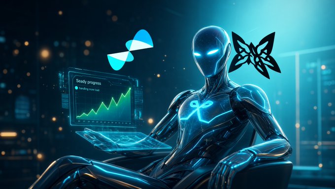 A futuristic glowing robotic figure in a dark setting, holding a holographic chart showing steady progress, flanked by the Aptos (blue) and MAS (butterfly) logos.