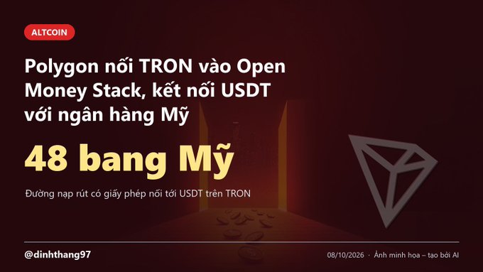A red graphic contains Vietnamese text about Polygon (TRON) integrating USDT, mentioning '48 bang Mỹ' and '08/10/2026', with a TRON logo.