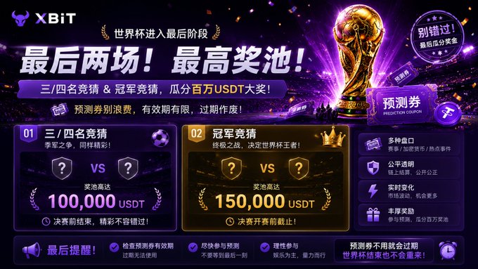 XBIT World Cup prediction contest advertisement in Chinese, offering up to 100,000 USDT for 3rd/4th place predictions and 150,000 USDT for championship predictions, with the World Cup trophy displayed.