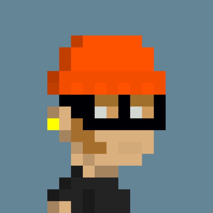 A pixel art character with a red beanie, black sunglasses, yellow earring, and black shirt against a gray background.