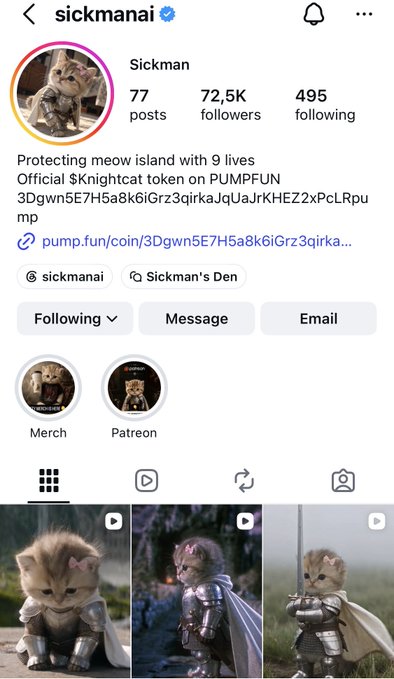 Instagram profile page for "sickmanai" featuring a cat dressed as a knight, showing 77 posts, 72.5K followers, and 495 following, with a bio referencing "$knightcat token on PUMPFUN" and a linked pump.fun URL.