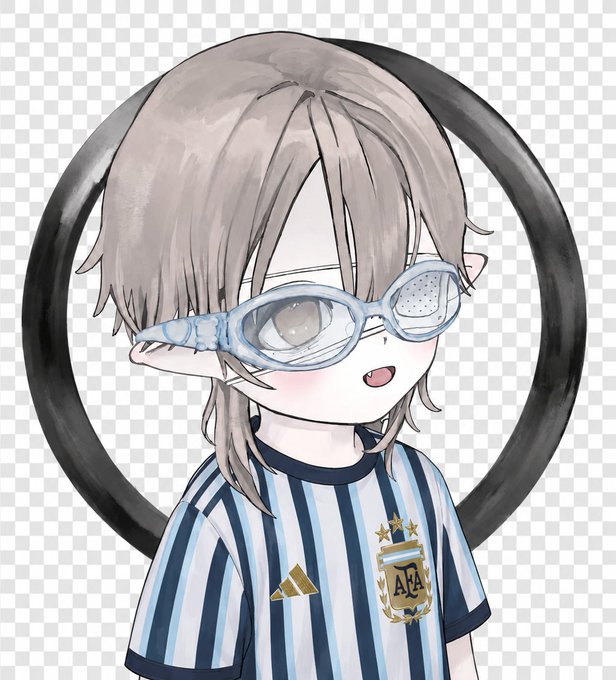 The image features a cartoon character wearing glasses, likely from a video game or anime, with a blue shirt that has the logo of the soccer team Argentina. The character appears to be posing for the camera, possibly as part of an advertisement or promotional material. The background is black and white, which contrasts with the colorful character and adds depth to the image.