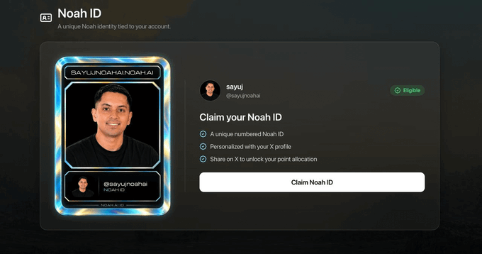 A screen showing a "Noah ID" profile for user "sayuj @sayujnohahai" (marked "Eligible"), with options to "Claim your Noah ID" for a unique numbered ID and to share on X for point allocation.