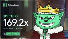 A TokenScan screenshot displays a green cartoon character wearing a crown with the text '$PISTACIO 169.2x' and 'Cake: +$96.3K'.