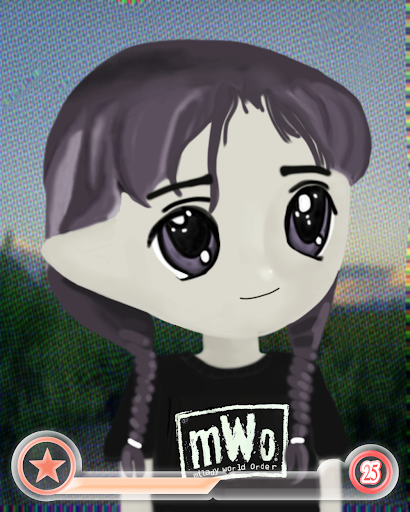 A stylized cartoon avatar of a girl with purple braided hair wearing a black t-shirt that reads "mWo - the colourful world of me -" in a video game-style frame.