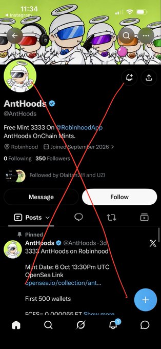 A smartphone screenshot of the X (formerly Twitter) social media app showing the profile 'AntHoods' (@AntHoods), promoting a 'Free Mint 3333 On @RobinhoodApp AntHoods OnChain Mints' pinned post with a 3-day timestamp.