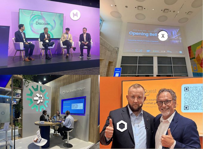 A collage of four event photos showing business panels and conferences, including 'The Quantum House' booth, an 'Opening Bell' screen, a 'Discover' panel discussion, and two men in suits giving thumbs up.