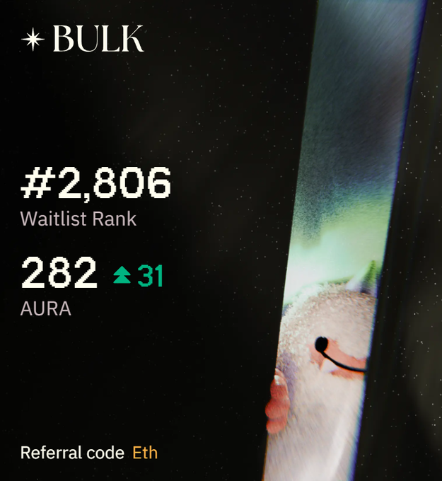 The image displays a BULK waitlist ranking screen showing "#2,806 Waitlist Rank" and "282 AURA" with an upward arrow indicating a 31-point gain, alongside a referral code "Eth." It relates to the "Aura @bulktrade" post by showcasing the user's progress and aura points within the Bulk platform's waitlist system.