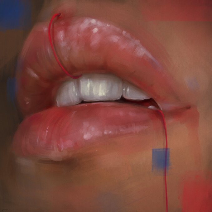 A hyper-realistic digital painting of glossy red lips slightly parted to reveal white teeth, with a thin red string draped across them against a warm brown background.