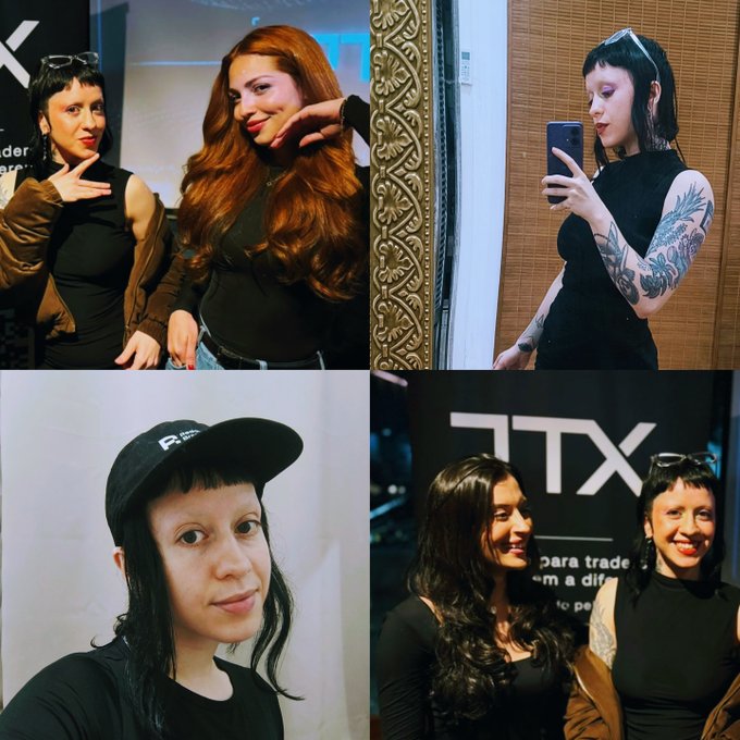 A four-panel collage showing two young women with dark hair in various indoor settings, including mirror selfies and posed photos.