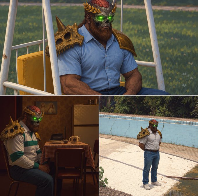 A collage of three images showing a muscular, bearded character with a green-eyed skull mask wearing spiky shoulder armor in various scenes, including sitting on a swing, in a kitchen, and by a pool.