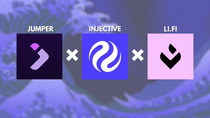 Three brand logos displayed side by side with multiplication symbols between them: JUMPER (purple arrow icon), INJECTIVE (blue and white swirl logo), and LI.FI (black logo on pink background), set against a blue wave pattern reminiscent of 'The Great Wave off Kanagawa'.