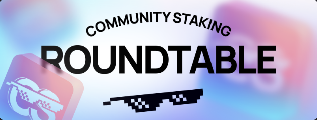 The image is a promotional graphic featuring the text "COMMUNITY STAKING ROUNDTABLE" with a pixelated "deal with it" sunglasses graphic and an icon of a Discord server on the left, set against a blurred colorful background. It visually represents the upcoming discussion mentioned in the post about Lido Finance's new DVT node operator type in CSM.