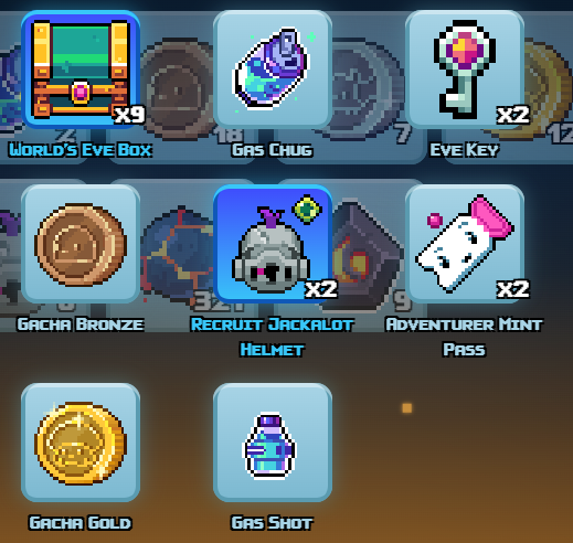 A screenshot from a pixel-art video game showing an inventory grid with various items including World's Eye Box (x9), Gas Chug, Eye Key (x2), Gacha Bronze, Recruit Jackalot Helmet (x2), Adventurer Mint Pass (x2), Gacha Gold, and Gas Shot.