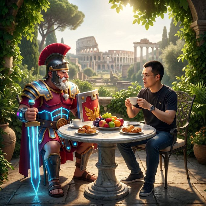 A Roman centurion with a glowing blue sword and a modern man in glasses having coffee and pastries at a marble table in a Mediterranean garden with ancient ruins in the background.
