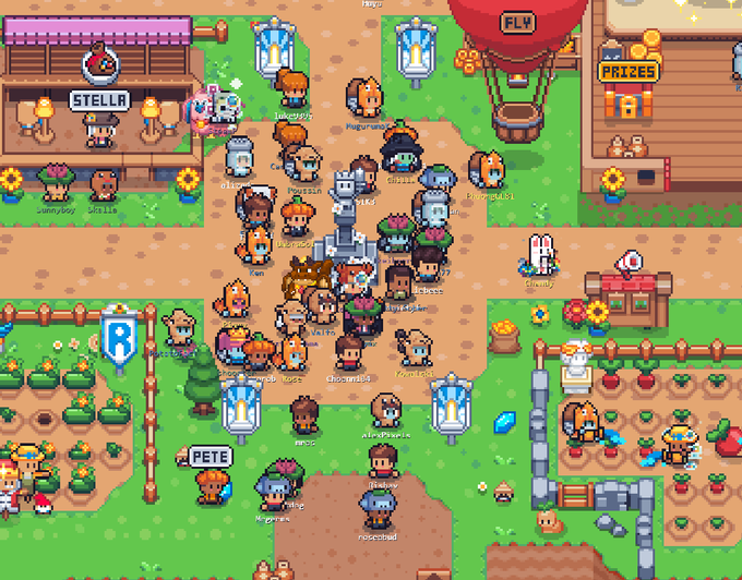 A pixel art farm game screenshot showing numerous player avatars gathered around a central statue area, with stalls like 'PETE' and 'STELLAR' visible.