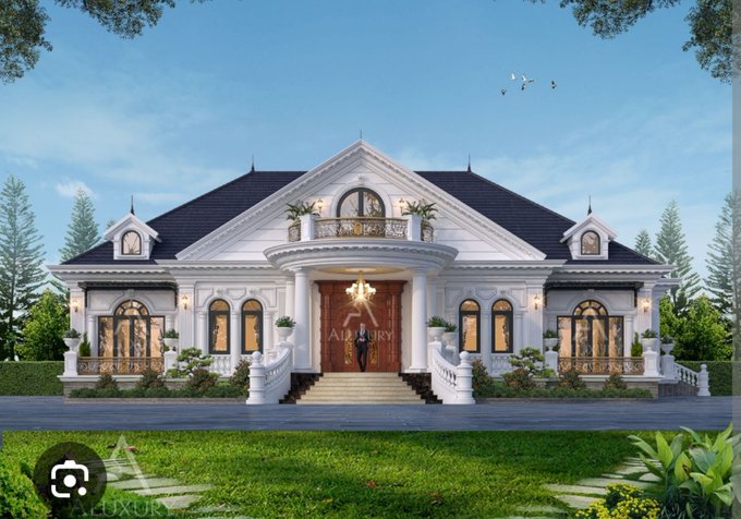 A rendering of a large, luxurious white mansion with classical architecture, featuring columns, arched windows, a grand staircase, and an 'AIXURY' watermark at the bottom.