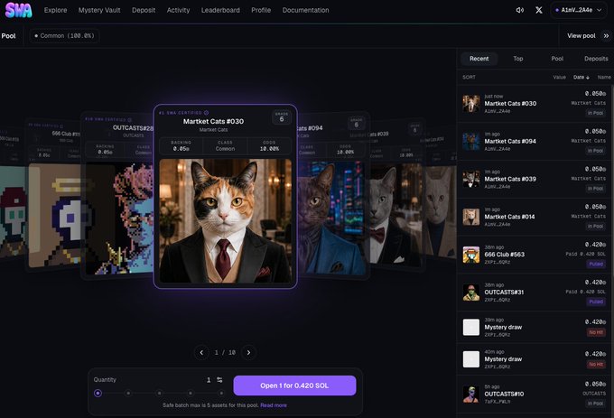 The image shows the SWA (SolWorldAssets) gacha platform interface with a marketplace pool displaying various NFT cards including "Martket Cats #030" (featuring a cat in a suit) priced at 0.42 SOL, "Martket Cats #094," "666 Club #563," and "OUTCASTS#31," alongside an Activity tab on the right listing recent deposits and pack openings by users like Alan_2346 and Ziyfr_rUBQ. The screenshot directly showcases the new Activity feature mentioned in the caption, which allows players to track real-time pack openings and NFT deposits across the platform.
