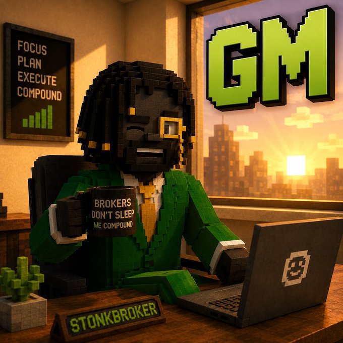 A 3D pixel-art style render of a figure named 'STONKBROKER' wearing a green suit, sitting at a desk with a laptop in front of a window showing 'GM' in large green letters and a city skyline at sunset; the scene includes motivational signs like 'FOCUS PLAN EXECUTE COMPOUND' and a coffee mug reading 'BROKERS DON'T SLEEP WE COMPOUND'.