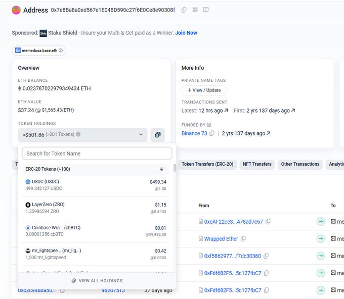 The image shows an Etherscan page for the address "0x7e8Ba8a0ed567e1E048D590c27f6E0Ce8e90308f" displaying a balance of 0.023787022979349434 ETH (~$37.24) and token holdings including 499.342127 USDC ($499.34) and 1.35986594 ZRO (LayerZero), with recent transactions on the Base chain dated 2 years 137 days ago. This relates to the user's complaint about being unable to withdraw 100 USDC on the Base chain, as the address shows their funds are still sitting there without any recent outbound transfers, illustrating the missing or failed transaction they're experiencing.