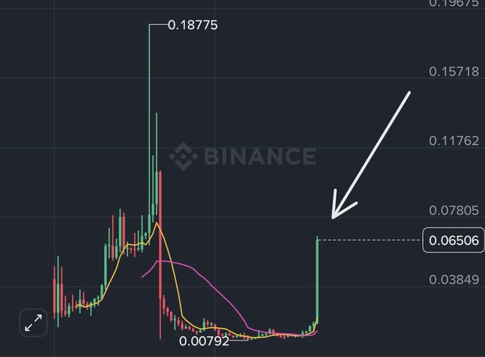 A Binance candlestick chart displays the $TUT token's price surge, with a notable spike reaching 0.06506 (highlighted by a white arrow) from a low of 0.00792, following a previous peak at 0.18775, visually illustrating the short squeeze as $1.35M in shorts were liquidated.