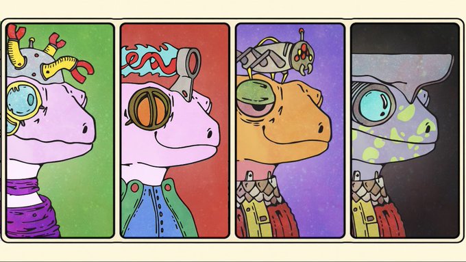 Four colorful cartoon dinosaur-like characters in cyberpunk/gadgetry style with mechanical heads and goggles are displayed in panels.