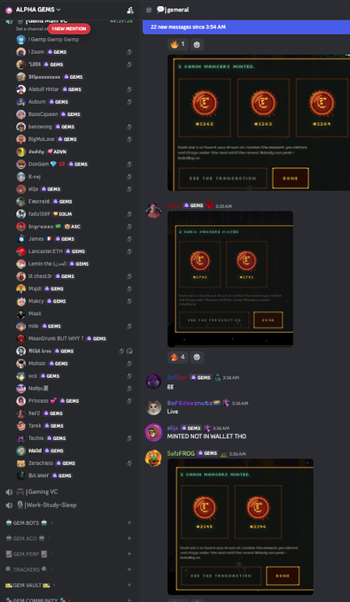 A Discord screenshot from the "ALPHA GEMS" server shows multiple "GRAIN: MINT(S)BE RICH" transaction notifications alongside user reports of minting activities, with Raiz gems in chat declaring that "GEMs are cooking" and RISA confirming a floor price of approximately 0.5 ETH (~$950). The repeated minting notifications and bullish community sentiment visually support the post's claim of strong activity and a notable floor price increase.
