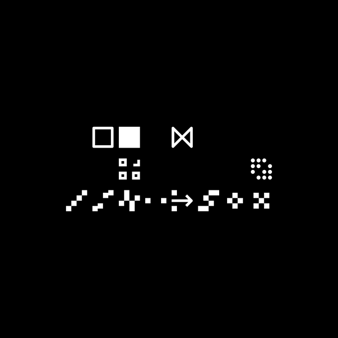 A black square containing white pixel-art style graphics of the Hollow Knight Knight and Hornet, an evolution of the Knight's design, a bow icon, and various abstract symbols.