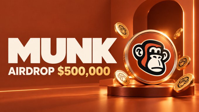 Promotional graphic for a 'MUNK' token airdrop of $500,000 featuring a gold coin with a monkey logo on a copper-colored background.